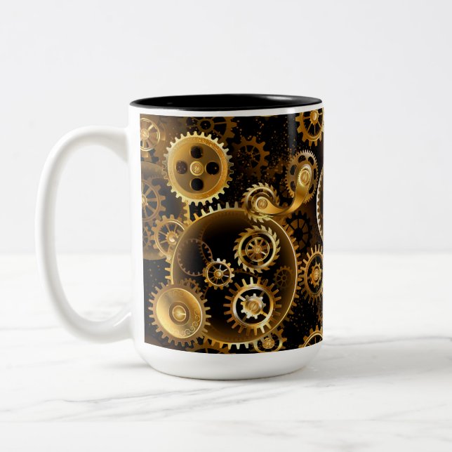 Seamless Steampunk Brass Gears Two-Tone Coffee Mug (Left)