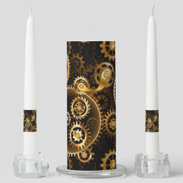 Seamless Steampunk Brass Gears Unity Candle Set (Front)