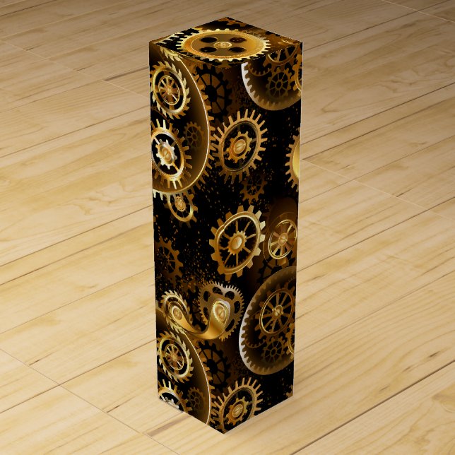 Seamless Steampunk Brass Gears Wine Box (Front)