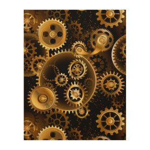 Seamless Steampunk Brass Gears Wood Wall Art