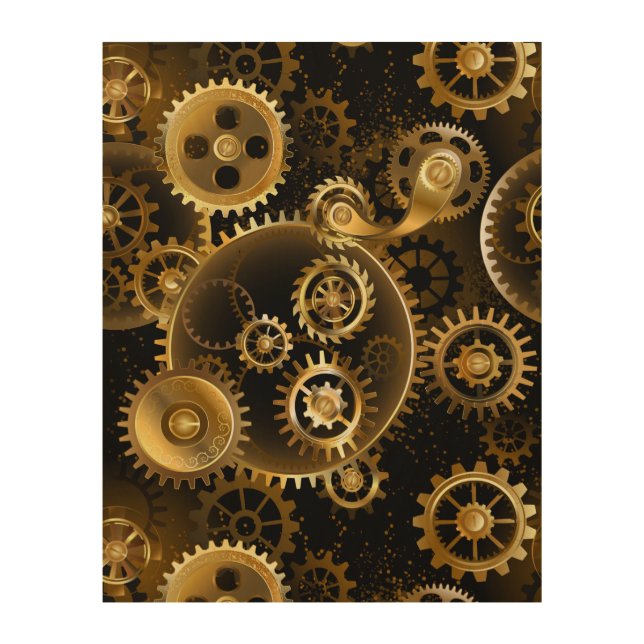 Seamless Steampunk Brass Gears Wood Wall Art (Front)