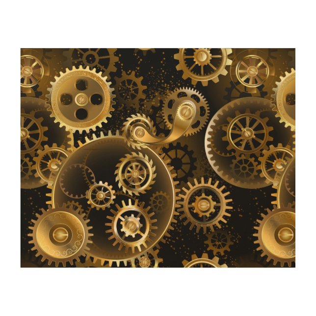 Seamless Steampunk Brass Gears Wood Wall Art (Front)