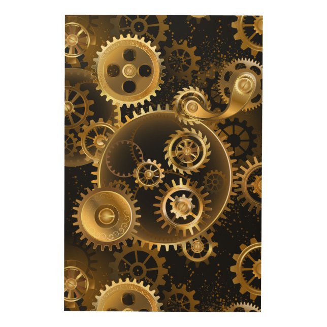 Seamless Steampunk Brass Gears Wood Wall Art (Front)