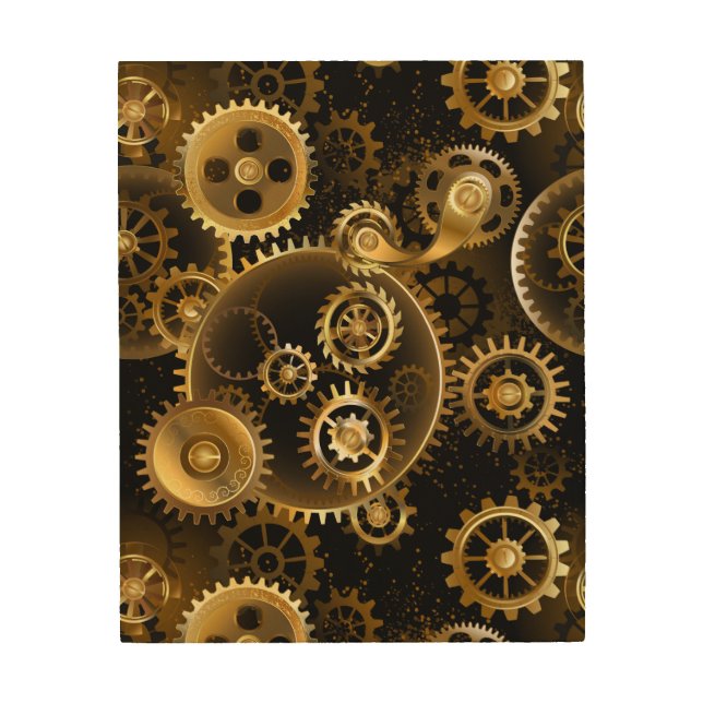 Seamless Steampunk Brass Gears Wood Wall Art (Front)