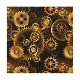 Seamless Steampunk Brass Gears Wood Wall Art