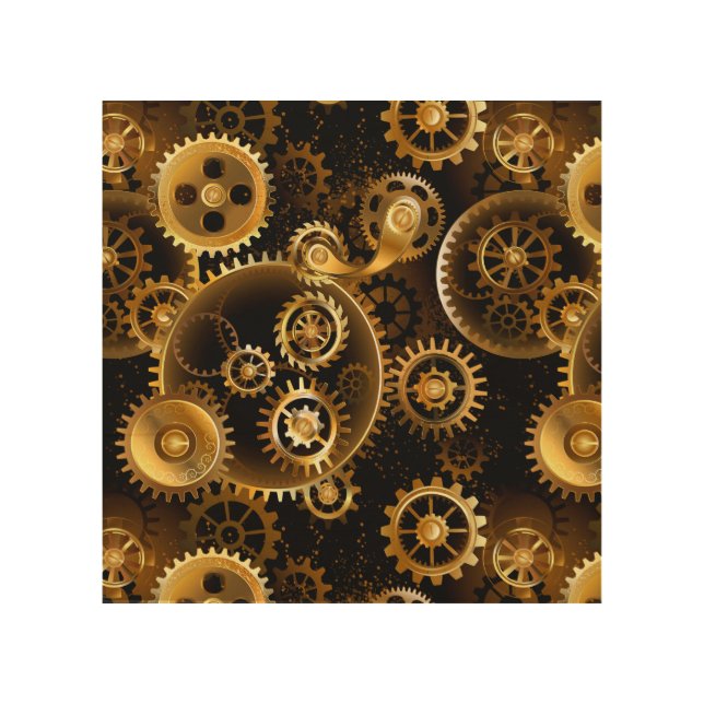 Seamless Steampunk Brass Gears Wood Wall Art (Front)