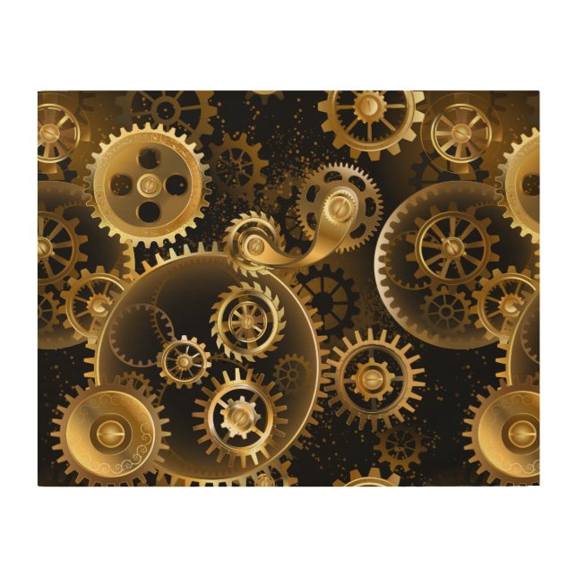Seamless Steampunk Brass Gears Wood Wall Art (Front)