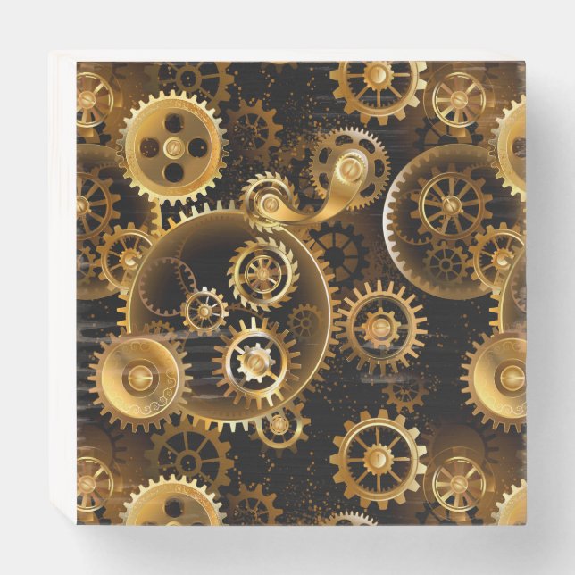 Seamless Steampunk Brass Gears Wooden Box Sign (Front Horizontal)
