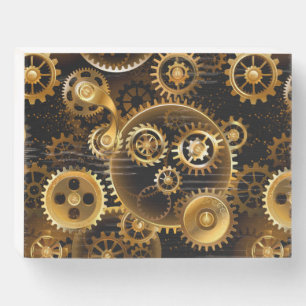 Seamless Steampunk Brass Gears Wooden Box Sign