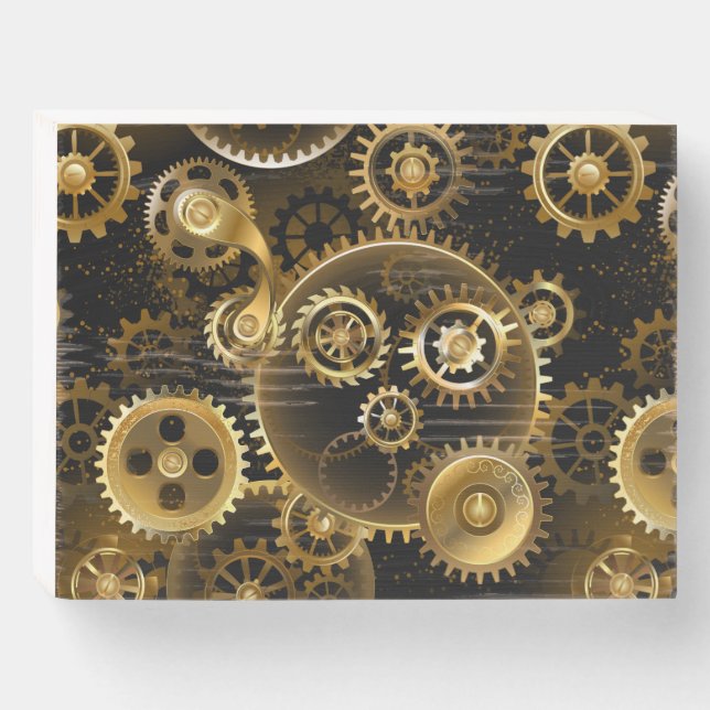 Seamless Steampunk Brass Gears Wooden Box Sign (Front Horizontal)
