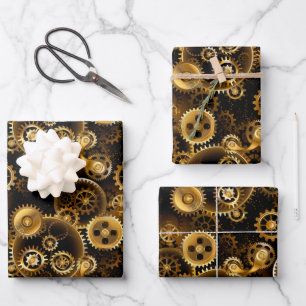Seamless Steampunk Brass Gears Wrapping Paper Sheets