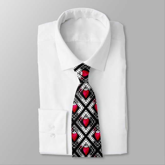 Seamless strawberry berry abstract black white red neck tie (Tied)