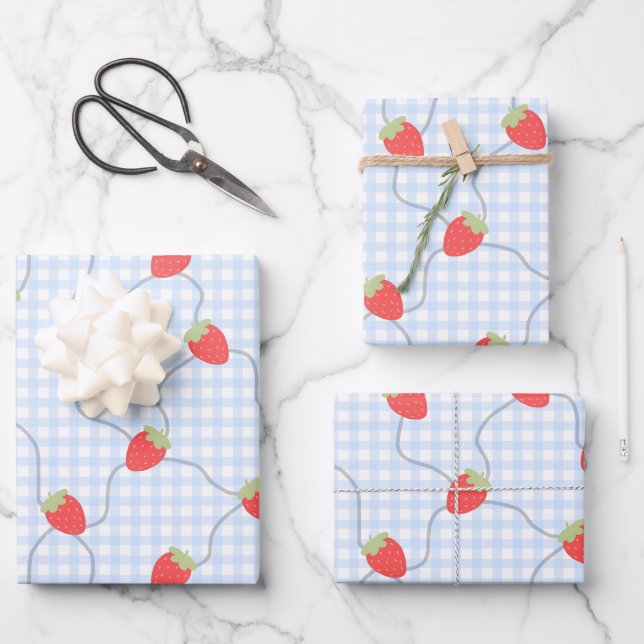 Seamless Strawberry Gingham Pattern Wrapping Paper Sheets (Front)