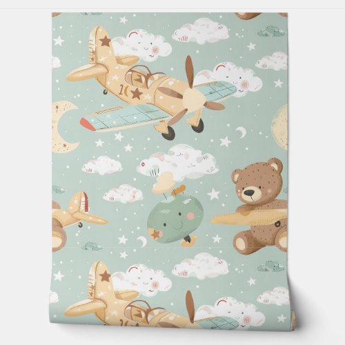  Seamless Teddy Bear and Plane Pastel Sky Wallpaper
