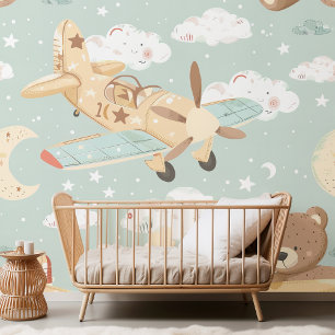Seamless Teddy Bear and Plane Pastel Sky Wallpaper