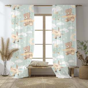 Seamless Teddy Bear & Plane Pastel Sky Sheer Curtains
