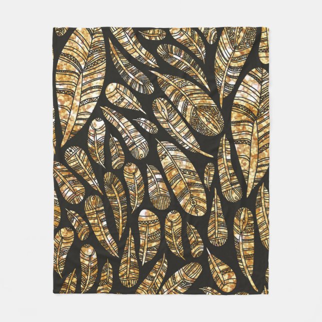 Seamless texture pattern of glowing golden feather fleece blanket (Front)