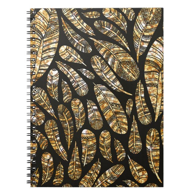 Seamless texture pattern of glowing golden feather notebook (Front)