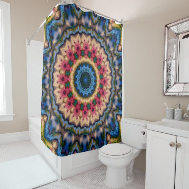 Seamless tile mosaic kaleidoscope abstract modern shower curtain (In Situ)