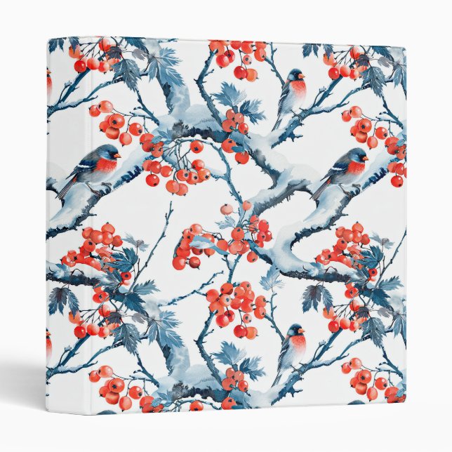 Seamless titmouse birds, winter snow branches, row 3 ring binder (Front/Spine)