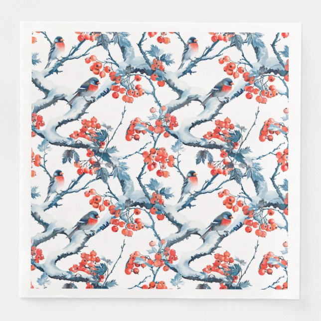 Seamless titmouse birds, winter snow branches, row paper dinner napkins (Front)