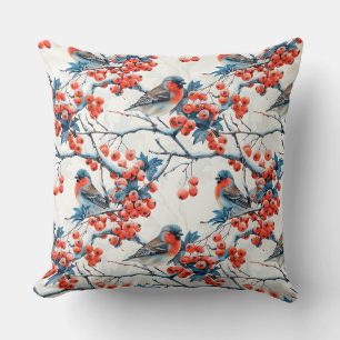 Seamless titmouse birds, winter snow branches, row throw pillow