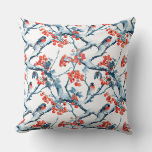 Seamless titmouse birds, winter snow branches, row throw pillow