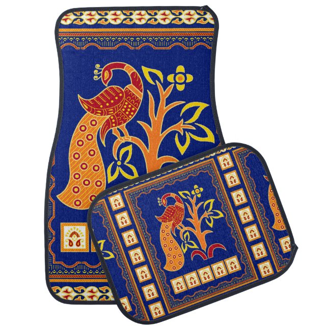 Seamless traditional indian border with peacock car floor mat (Set)