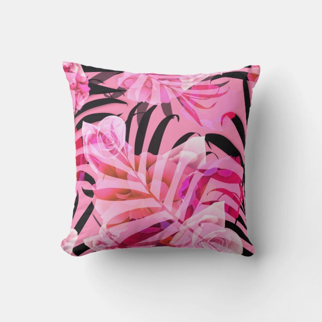 Seamless tropical flower, plant and leaf pattern b throw pillow (Front)