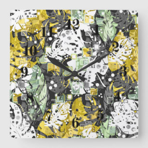Seamless tropical jungle exotic abstract geometric square wall clock