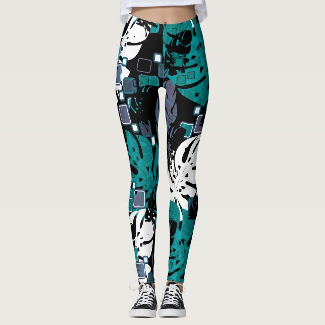 Seamless tropical jungle leaves monstera palm abst leggings (Front)