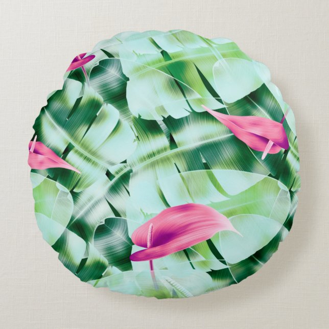Seamless tropical leaves pattern background, retro round pillow (Front)