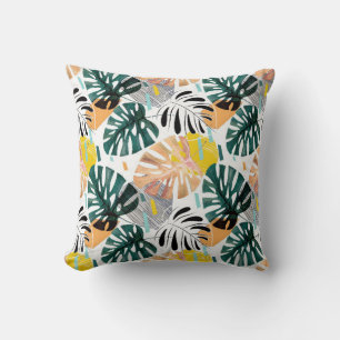 Seamless tropical pattern. Green leaves of a palm Throw Pillow