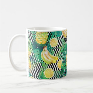 Seamless tropical pattern with bananas lemons palm coffee mug
