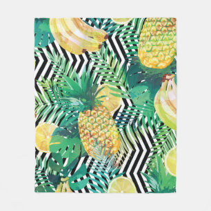 Seamless tropical pattern with bananas lemons palm fleece blanket