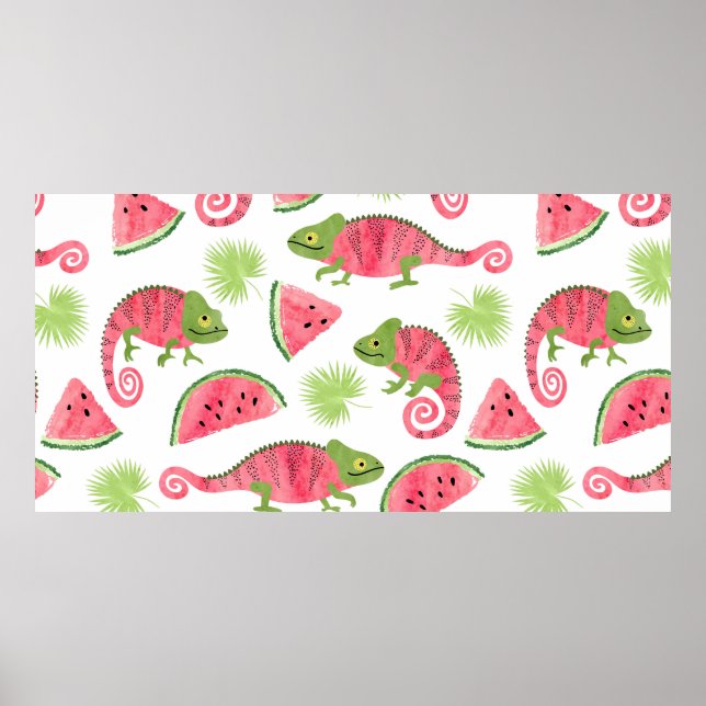 Seamless tropical pattern with cute watercolor cha poster (Front)