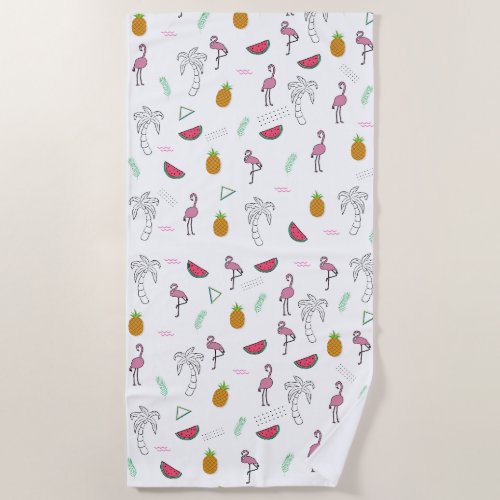 Seamless tropical pattern with Flamingo pineapple  Beach Towel