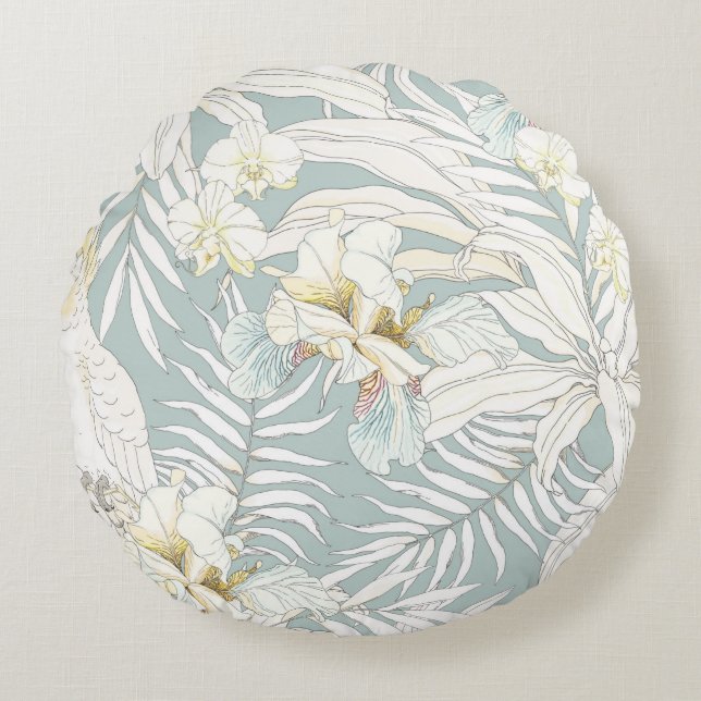 Seamless tropical pattern with flowers Orchid,  Fl Round Pillow (Front)