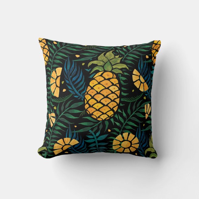 Seamless tropical pattern with pineapples and palm throw pillow (Front)