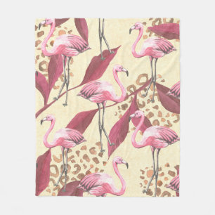 Seamless tropical pattern with pink flamingo, leav fleece blanket