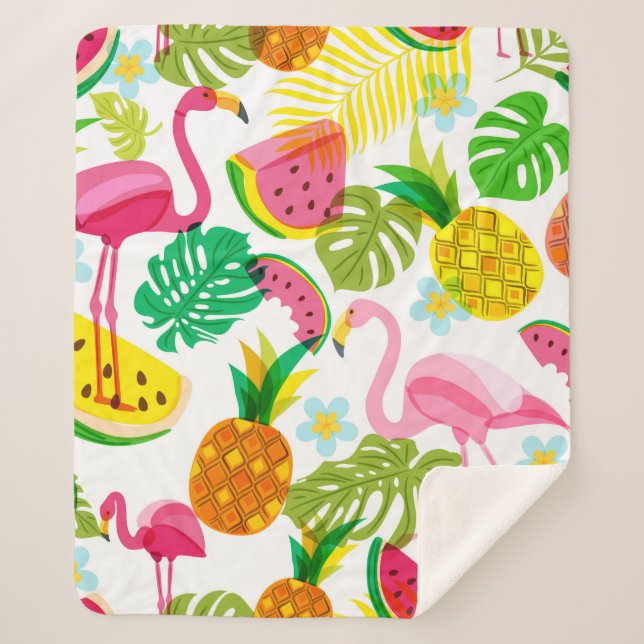 Seamless tropical pattern with pink flamingo, palm sherpa blanket (Front)