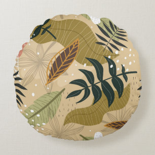 Seamless tropical pattern with plants, leaves, dec round pillow