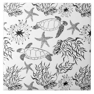 Seamless underwater sea ocean turtle plants coral ceramic tile