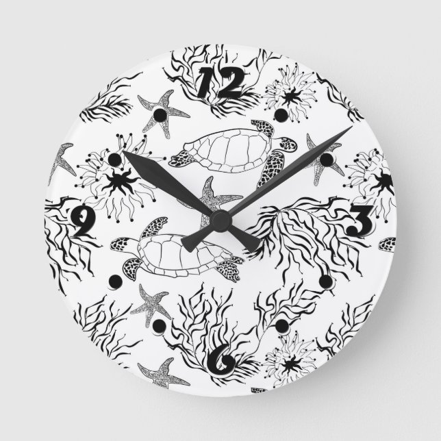 Seamless underwater sea ocean turtle plants coral round clock (Front)