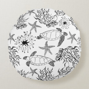 Seamless underwater sea ocean turtle plants coral round pillow