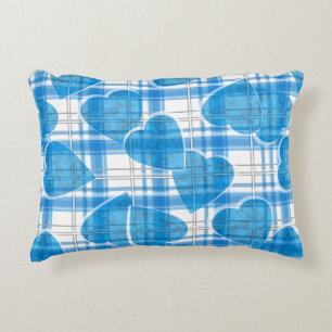 Seamless Valentines Day blue hearts checkered plai Accent Pillow