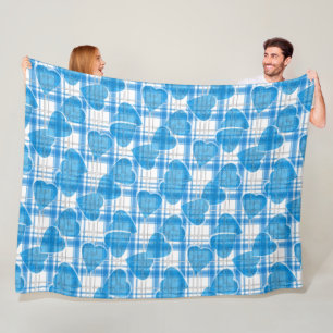 Seamless Valentines Day blue hearts checkered plai Fleece Blanket