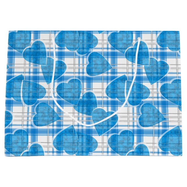 Seamless Valentines Day blue hearts checkered plai Large Gift Bag (Front)
