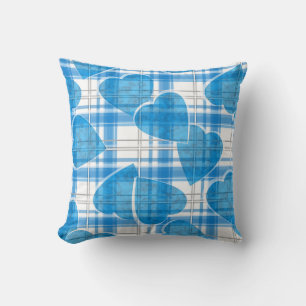Seamless Valentines Day blue hearts checkered plai Throw Pillow