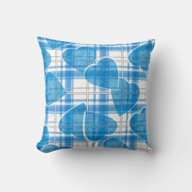 Seamless Valentines Day blue hearts checkered plai Throw Pillow (Front)